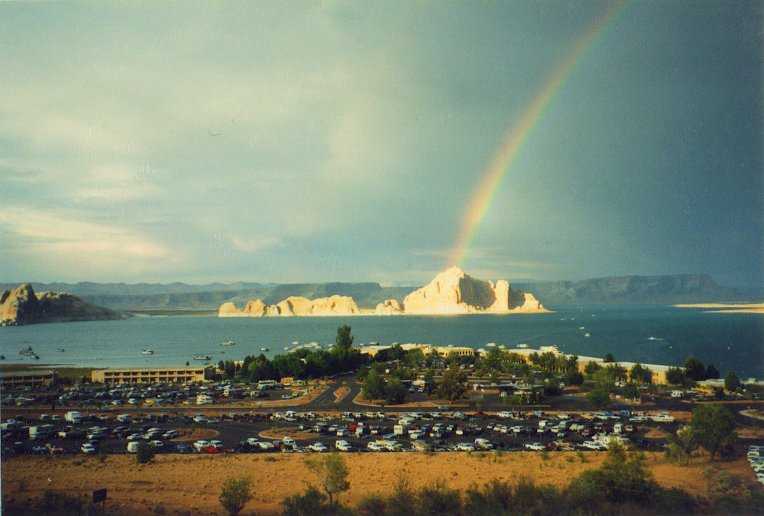 lake powell's largest island hitten by a rainbow